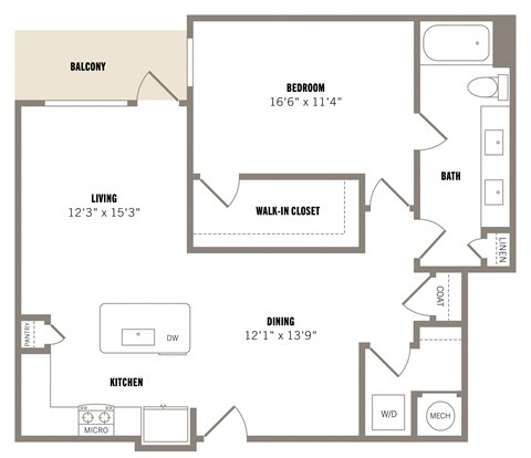 Floor plan for 1 bed, 1 bath, 963 sqft